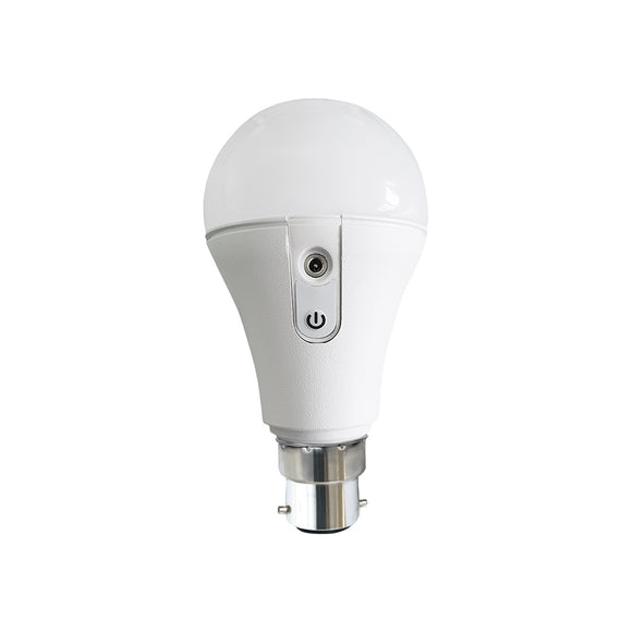 White BC NYX Bulb B22 10W LED engine with RGBA+mint chips  built-in CRMX  RF and Bluetooth receiver  comes with USB cable for DC operation.